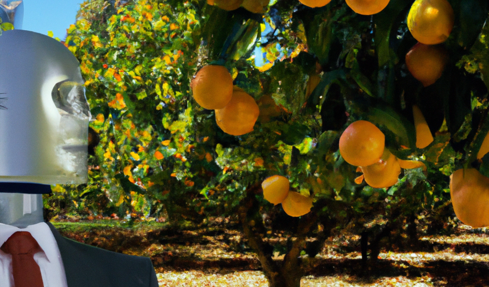 picture of a robot in a business suit looking at a fruit orchard, which represents a Tableau customer lifetime value dashboard