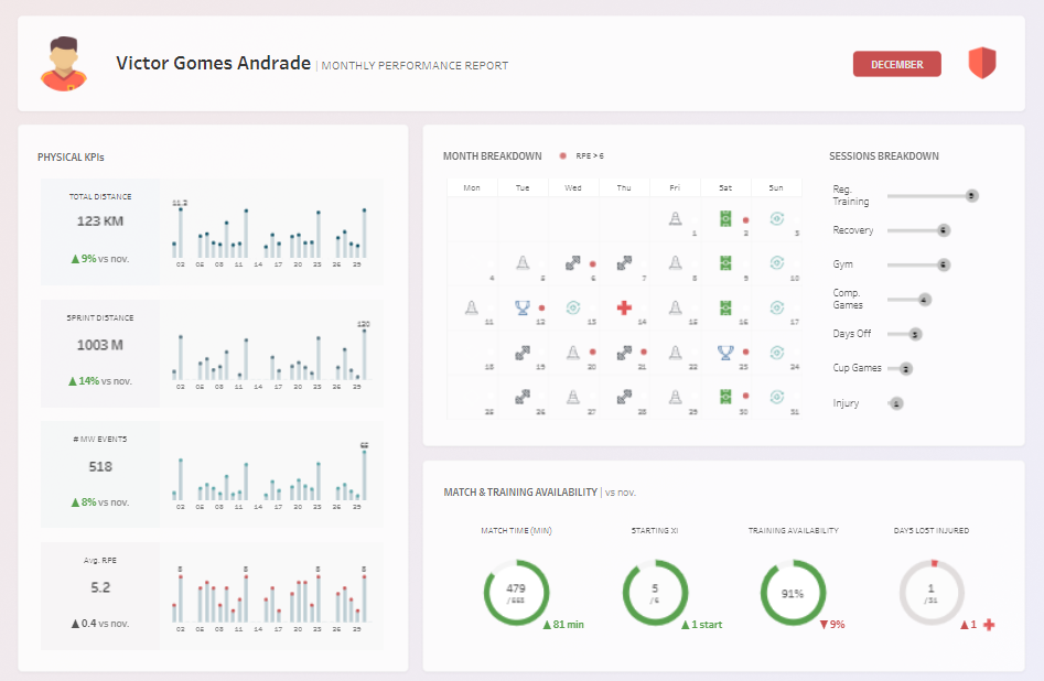 Tableau Football Dashboard Examples Player Monthly Performance Report